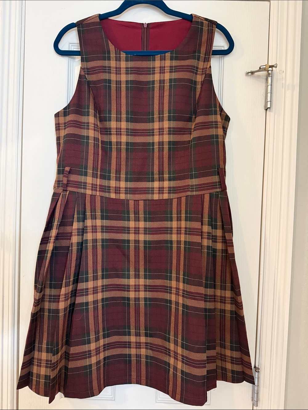 Plaid Sleeveless Fit-and-Flare Dress in Burgundy and Tan